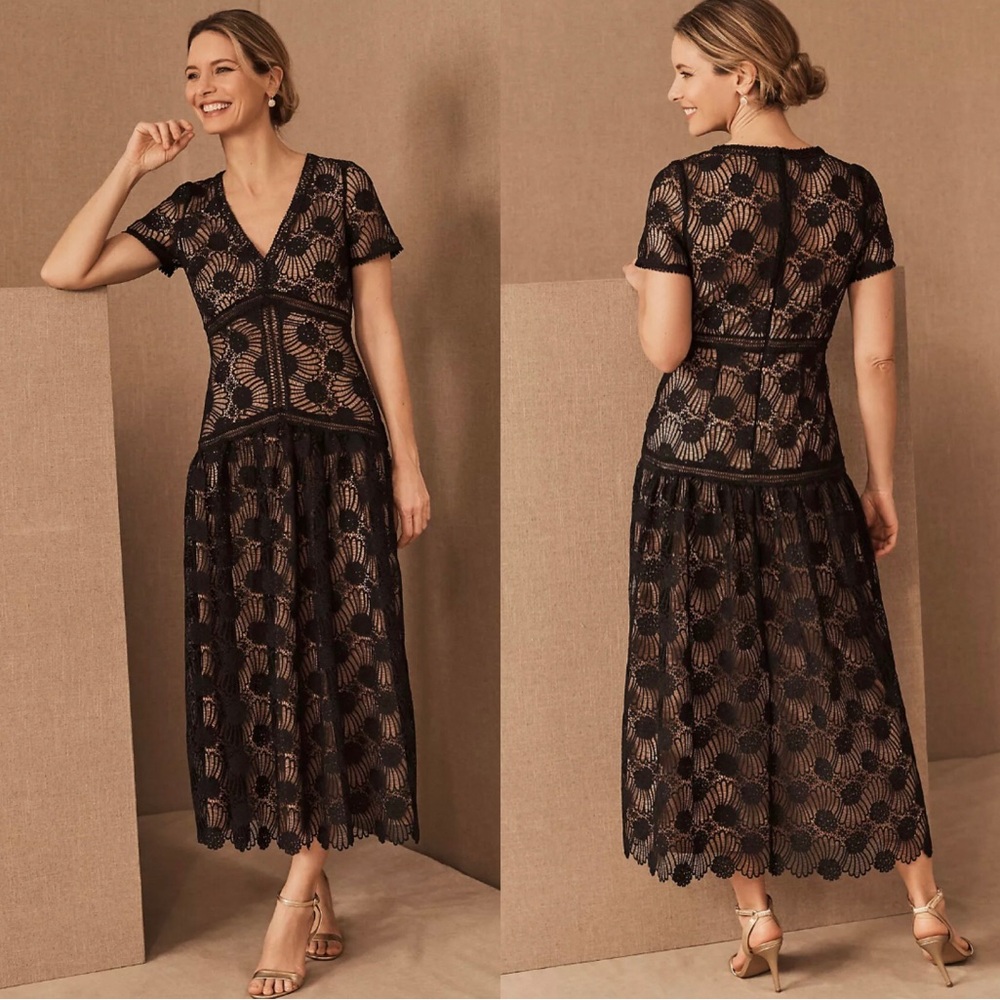 NWT ML MONIQUE LHUILLIER LACE V NECK MIDI DRESS IN BLACK. SIZE 8